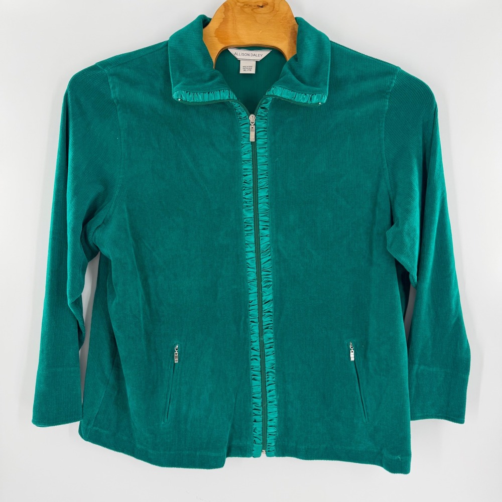 Allison Daley Womens XL Teal Green Velour Rib Ruffle Trim Zip Front Jacket